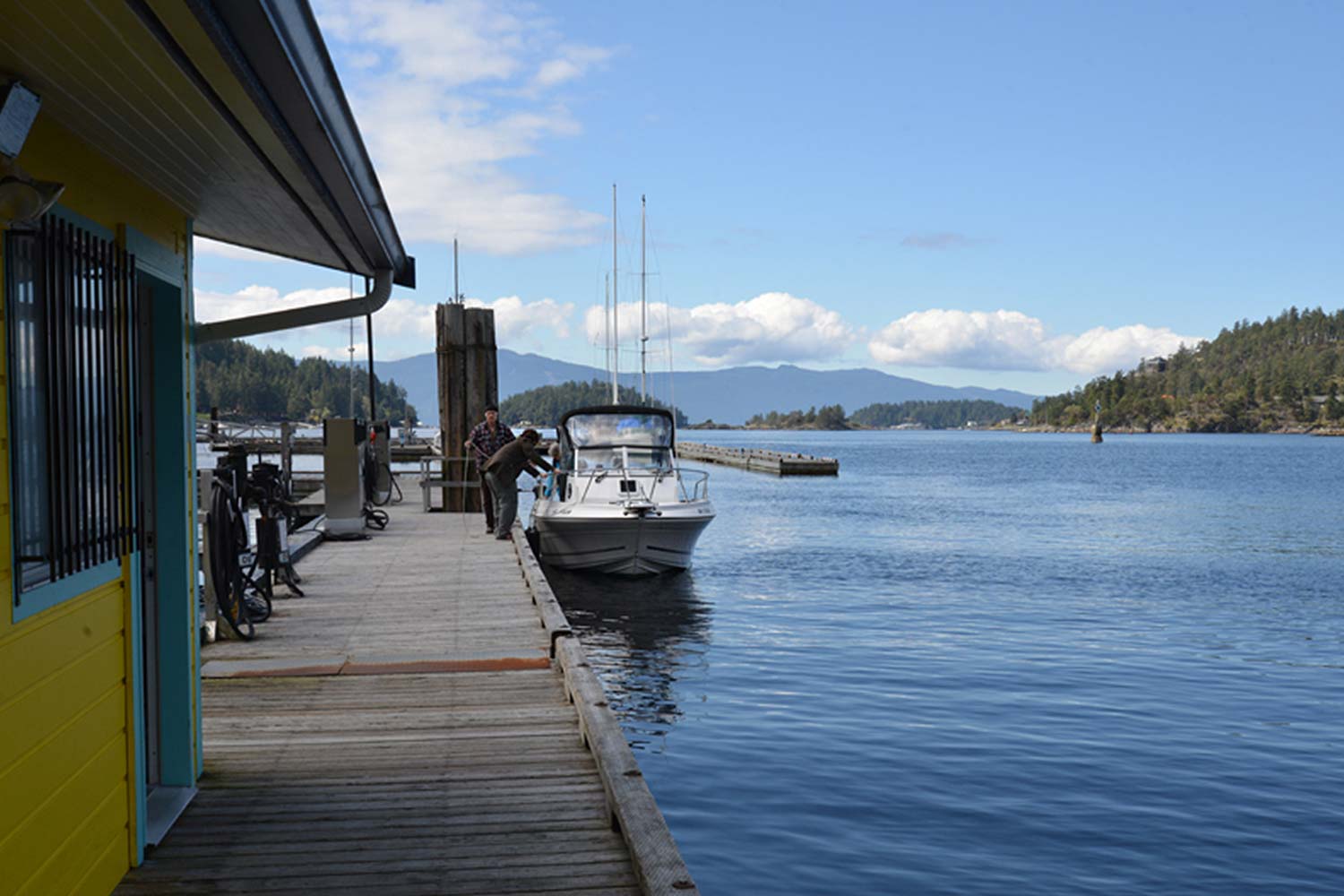 A boat awaits refuelling at the only Pender Harbour marine fuel dock. Commercial and recreational vessels use this fuel dock.