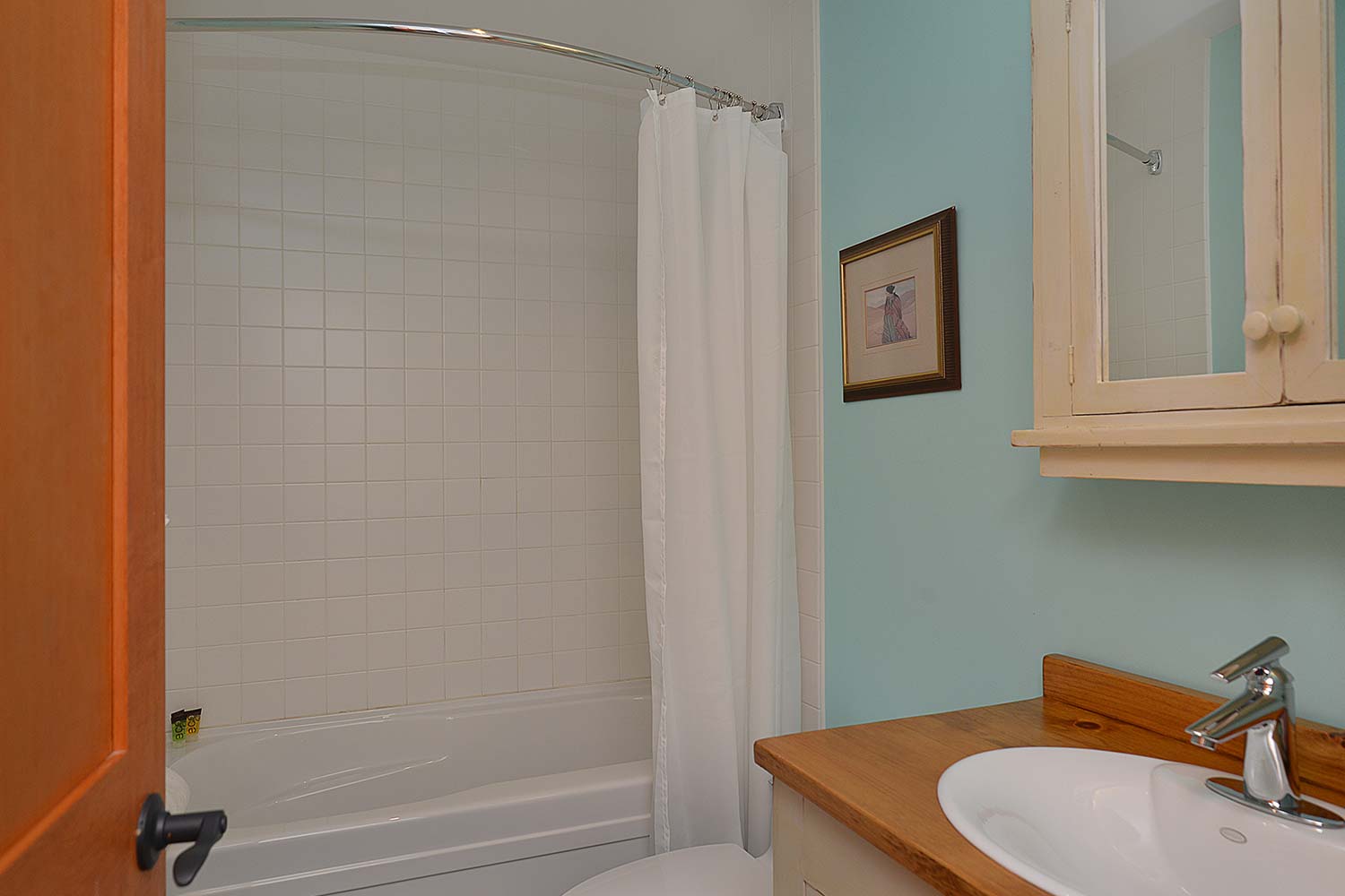 The large tub and shower in the Garden Suite bathroom of House 65 - a furnished home for rent on Pender Harbour.