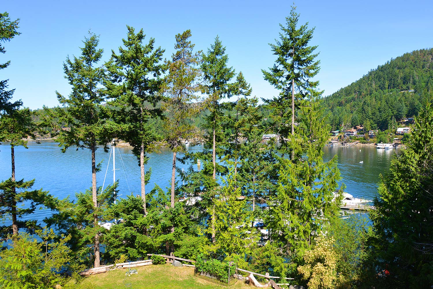 Stunning views of Pender Harbour and tall trees from upstairs of House 65 at John Henry’s Marina & Resort.